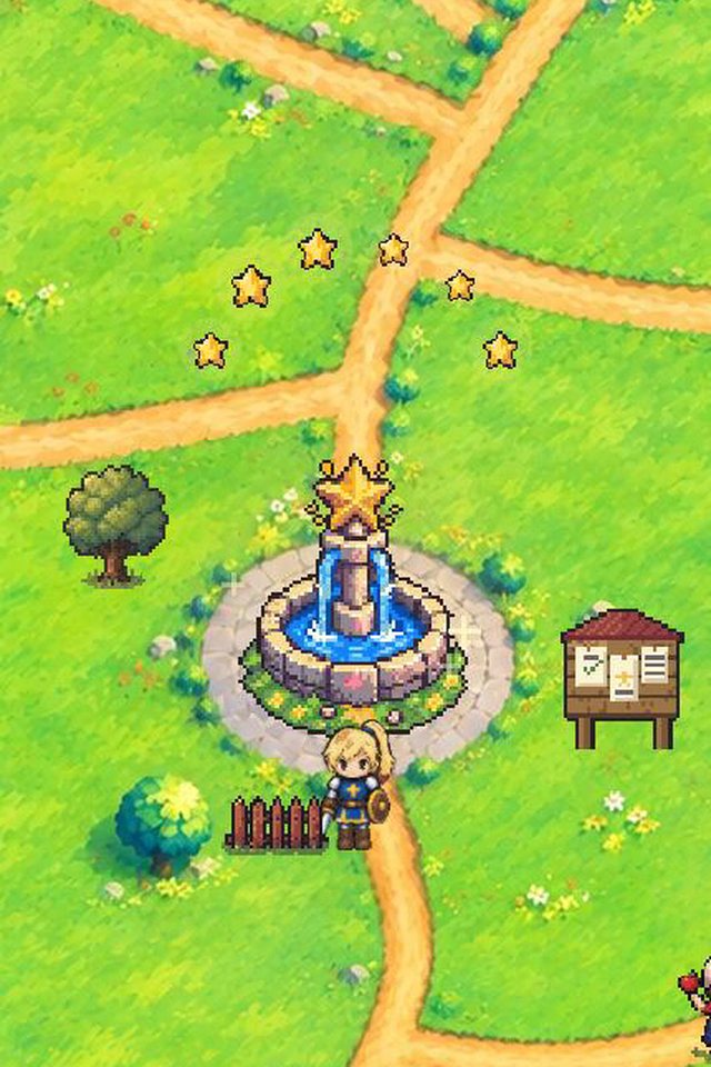 A pixel-art village with a fountain.