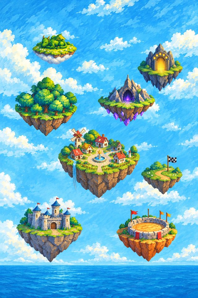 A painted map of floating islands over the sea.